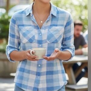 Anthropologie Sanctuary Blue Tomboy Plaid Soft Gauze Shirt Size Medium